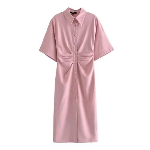 Button-up Draped Midi Shirt DressDressesTRAF-Women.-Chic-Fashion-Button-u