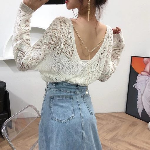 V-Neck Cover Up Lace ShirtTopsWomen.-s-2021-Autumn-New-Solid-Co