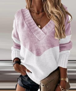 Patchwork Loose Pullover SweaterTopsAutumn-Winter-LonCg-Sleeve-Fashio
