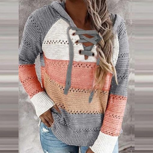Patchwork Elegant Striped SweaterTopsAutumn-Wome-n-Casual-Loose-Hooded