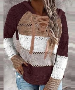 Patchwork Elegant Striped SweaterTopsAutumn-Women-Casual-Loose-Hooded-1