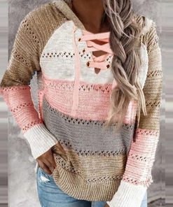 Patchwork Elegant Striped SweaterTopsAutumn-Women-Casual-Loose-Hooded