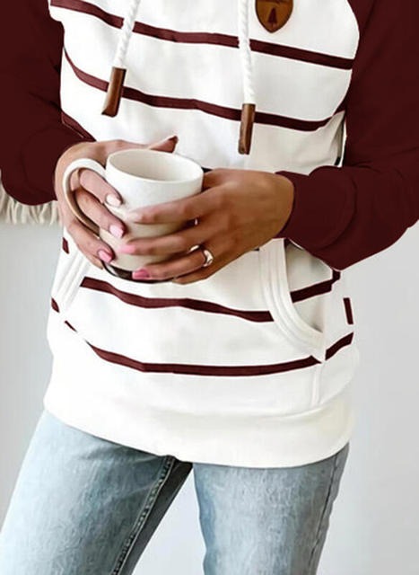 Drawstring Hooded SweatshirtTopsWomen-Coat-Sprin-g-Hoodie-Striped