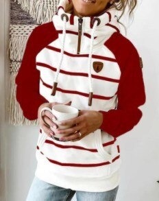 Drawstring Hooded SweatshirtTopsWomen-Coat-Spring-Hoodie-Striped