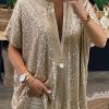Casual Loose T ShirtTopsWomen-S-hort-Sleeve-Sequins-T-Shi