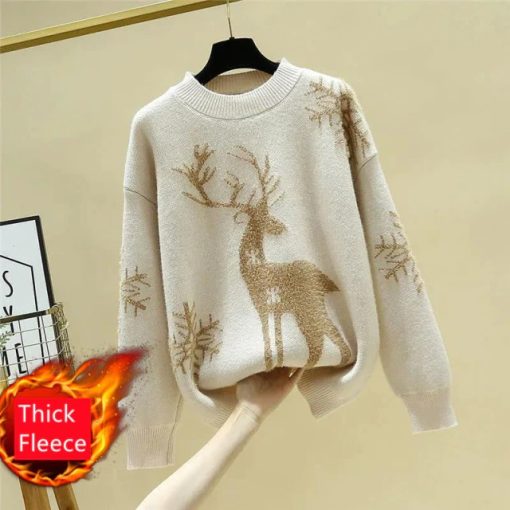 Turtleneck Thick Fleece Deer Print Christmas SweaterTopsChristmas-Deer-Fashion-Women-s-S