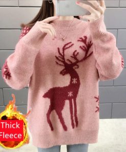 Turtleneck Thick Fleece Deer Print Christmas SweaterTopsChristmas-Deer-Fsdashion-Women-s-S
