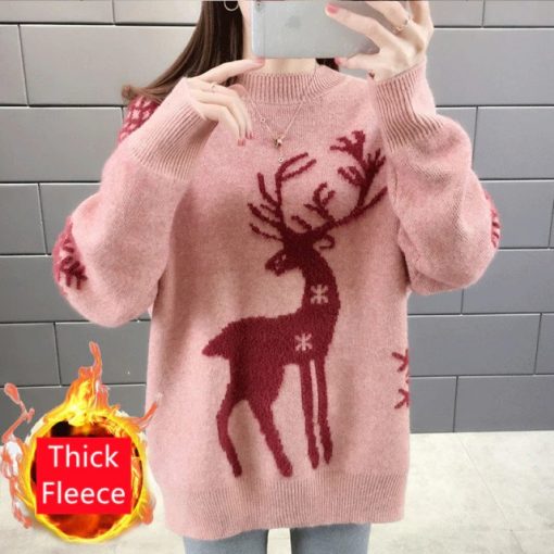 Turtleneck Thick Fleece Deer Print Christmas SweaterTopsChristmas-Deer-Fsdashion-Women-s-S
