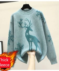 Turtleneck Thick Fleece Deer Print Christmas SweaterTopsChristmas-Deerdsds-Fashion-Women-s-S