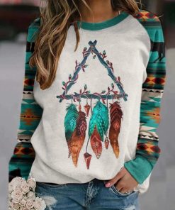 Feather Print SweatshirtTopsVintage-Print-Sweatshirt-Women-A-1