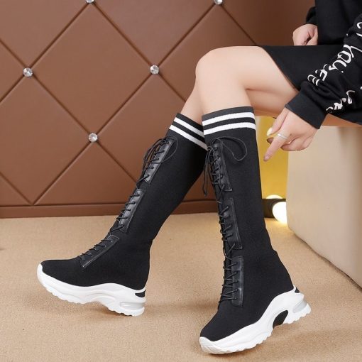 High Heel Long Black BootsBootsmainimage02020-new-Women-s-Boots-Round-head-knitting-7cm-Thin-Internal-increase-Sock-Boots-Black-Female