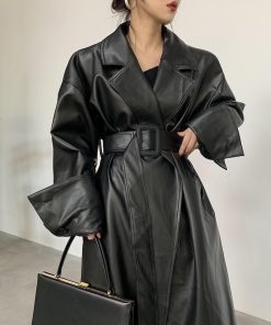 Korean Oversized Leather Trench CoatTopsmainimage0Lautaro-Long-oversized-leather-trench-coat-for-women-long-sleeve-lapel-loose-fit-Fall-Stylish-black