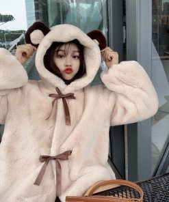 Korean Girl Soft Plush CoatTopsmainimage0Lolita-Soft-Girl-Plush-Coat-Women-Cute-Winter-Hooded-Jacket-Bear-Ear-Thickened-Imitation-Rabbit-Fur