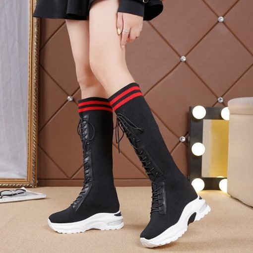 High Heel Long Black BootsBootsmainimage12020-new-Women-s-Boots-Round-head-knitting-7cm-Thin-Internal-increase-Sock-Boots-Black-Female