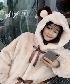 Korean Girl Soft Plush CoatTopsmainimage1Lolita-Soft-Girl-Plush-Coat-Women-Cute-Winter-Hooded-Jacket-Bear-Ear-Thickened-Imitation-Rabbit-Fur