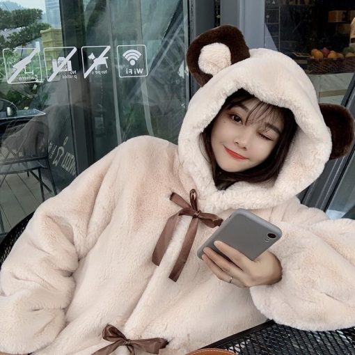 Korean Girl Soft Plush CoatTopsmainimage1Lolita-Soft-Girl-Plush-Coat-Women-Cute-Winter-Hooded-Jacket-Bear-Ear-Thickened-Imitation-Rabbit-Fur