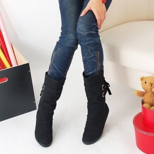 New Fashion Mid-Calf BootBootsmainimage1Women-Fashion-Mid-Calf-Boots-Platform-Boots-Slip-On-Lace-up-Solid-Flat-Heels-Ladies-Casual