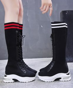High Heel Long Black BootsBootsmainimage22020-new-Women-s-Boots-Round-head-knitting-7cm-Thin-Internal-increase-Sock-Boots-Black-Female