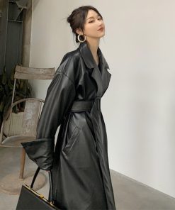 Korean Oversized Leather Trench CoatTopsmainimage2Lautaro-Long-oversized-leather-trench-coat-for-women-long-sleeve-lapel-loose-fit-Fall-Stylish-black