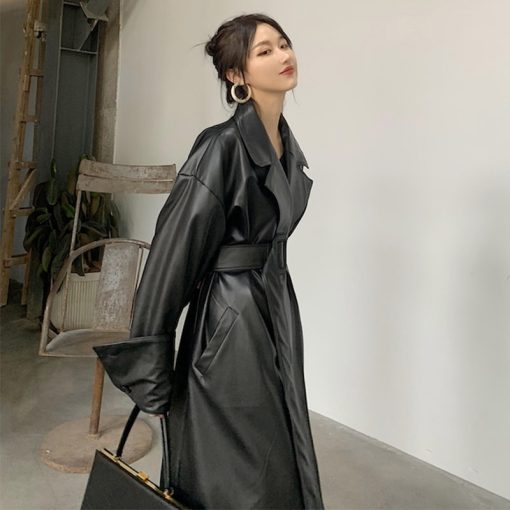 Korean Oversized Leather Trench CoatTopsmainimage2Lautaro-Long-oversized-leather-trench-coat-for-women-long-sleeve-lapel-loose-fit-Fall-Stylish-black