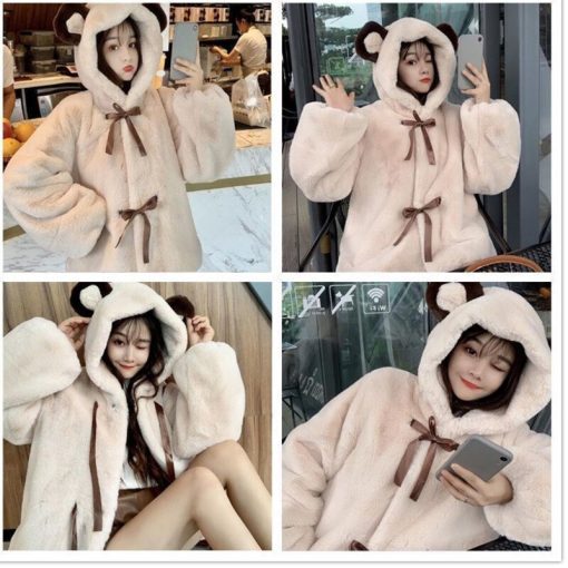 Korean Girl Soft Plush CoatTopsmainimage2Lolita-Soft-Girl-Plush-Coat-Women-Cute-Winter-Hooded-Jacket-Bear-Ear-Thickened-Imitation-Rabbit-Fur
