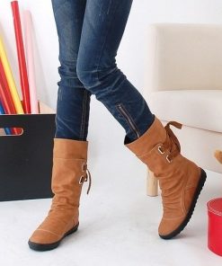 New Fashion Mid-Calf BootBootsmainimage2Women-Fashion-Mid-Calf-Boots-Platform-Boots-Slip-On-Lace-up-Solid-Flat-Heels-Ladies-Casual