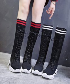 High Heel Long Black BootsBootsmainimage32020-new-Women-s-Boots-Round-head-knitting-7cm-Thin-Internal-increase-Sock-Boots-Black-Female