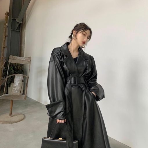 Korean Oversized Leather Trench CoatTopsmainimage3Lautaro-Long-oversized-leather-trench-coat-for-women-long-sleeve-lapel-loose-fit-Fall-Stylish-black
