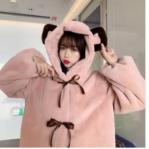 Korean Girl Soft Plush CoatTopsmainimage3Lolita-Soft-Girl-Plush-Coat-Women-Cute-Winter-Hooded-Jacket-Bear-Ear-Thickened-Imitation-Rabbit-Fur