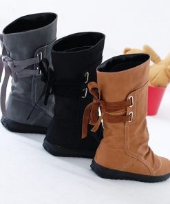 New Fashion Mid-Calf BootBootsmainimage3Women-Fashion-Mid-Calf-Boots-Platform-Boots-Slip-On-Lace-up-Solid-Flat-Heels-Ladies-Casual