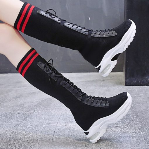 High Heel Long Black BootsBootsmainimage52020-new-Women-s-Boots-Round-head-knitting-7cm-Thin-Internal-increase-Sock-Boots-Black-Female