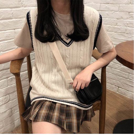 V-Neck Korean SweaterTopsmainimage53-colors-2019-autumn-and-winter-preppy-style-v-neck-knitted-sleeveless-vest-sweaters-womens-pullovers