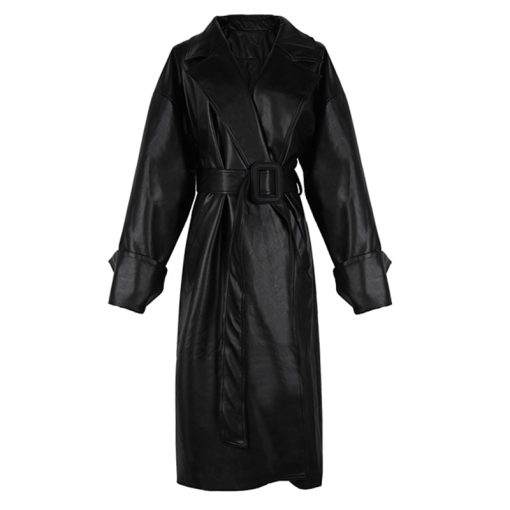 Korean Oversized Leather Trench CoatTopsmainimage5Lautaro-Long-oversized-leather-trench-coat-for-women-long-sleeve-lapel-loose-fit-Fall-Stylish-black