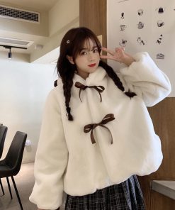 Korean Girl Soft Plush CoatTopsmainimage5Lolita-Soft-Girl-Plush-Coat-Women-Cute-Winter-Hooded-Jacket-Bear-Ear-Thickened-Imitation-Rabbit-Fur
