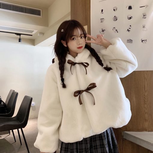 Korean Girl Soft Plush CoatTopsmainimage5Lolita-Soft-Girl-Plush-Coat-Women-Cute-Winter-Hooded-Jacket-Bear-Ear-Thickened-Imitation-Rabbit-Fur