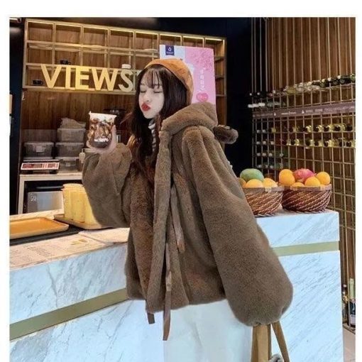 Korean Girl Soft Plush CoatTopsvariantimage0Lolita-Soft-Girl-Plush-Coat-Women-Cute-Winter-Hooded-Jacket-Bear-Ear-Thickened-Imitation-Rabbit-Fur