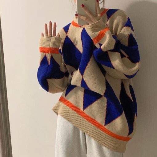 Korean Style Streetwear Loose SweaterTopsvariantimage0Pullovers-Women-Argyle-Panelled-Knitted-O-neck-Vintage-Sweaters-Loose-Lazy-Korean-Style-Streetwear-Casual-Fashion