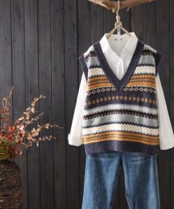 Knitter V-Neck Vintage SweaterTopsvariantimage0Women-Sweater-Vest-Argyle-Knitted-Vintage-Female-Fashion-Simple-Chic-Tops-V-neck-Loose-Autumn-Winter