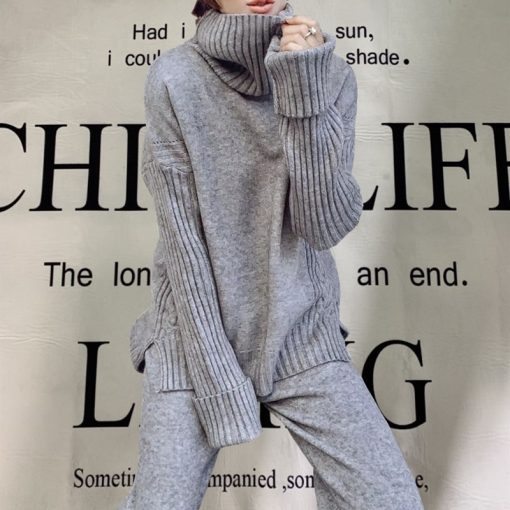 Korean Style Turtleneck TracksuitBottomsvariantimage1JXMYY-Sweater-Set-Women-Tracksuit-Spring-Autumn-Knitted-Suits-2-Piece-Set-Warm-Turtleneck-Sweater-Pullovers