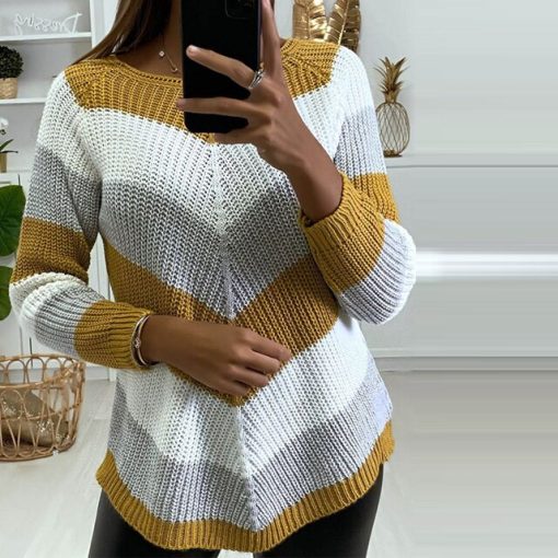 New Fashion Chic Striped Knitted SweaterTopsvariantimage1New-Fashion-Chic-Striped-Long-Sleeve-Tops-Pullovers-Women-Elegant-Round-Neck-Long-Sleeve-Sweaters-Winter