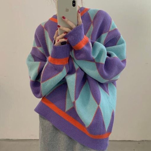 Korean Style Streetwear Loose SweaterTopsvariantimage1Pullovers-Women-Argyle-Panelled-Knitted-O-neck-Vintage-Sweaters-Loose-Lazy-Korean-Style-Streetwear-Casual-Fashion