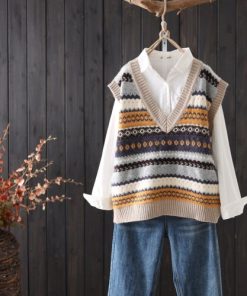 Knitter V-Neck Vintage SweaterTopsvariantimage1Women-Sweater-Vest-Argyle-Knitted-Vintage-Female-Fashion-Simple-Chic-Tops-V-neck-Loose-Autumn-Winter
