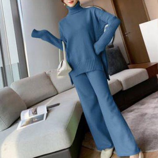 Korean Style Turtleneck TracksuitBottomsvariantimage2JXMYY-Sweater-Set-Women-Tracksuit-Spring-Autumn-Knitted-Suits-2-Piece-Set-Warm-Turtleneck-Sweater-Pullovers