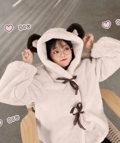 Korean Girl Soft Plush CoatTopsvariantimage2Lolita-Soft-Girl-Plush-Coat-Women-Cute-Winter-Hooded-Jacket-Bear-Ear-Thickened-Imitation-Rabbit-Fur