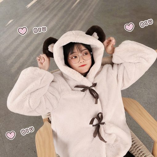 Korean Girl Soft Plush CoatTopsvariantimage2Lolita-Soft-Girl-Plush-Coat-Women-Cute-Winter-Hooded-Jacket-Bear-Ear-Thickened-Imitation-Rabbit-Fur
