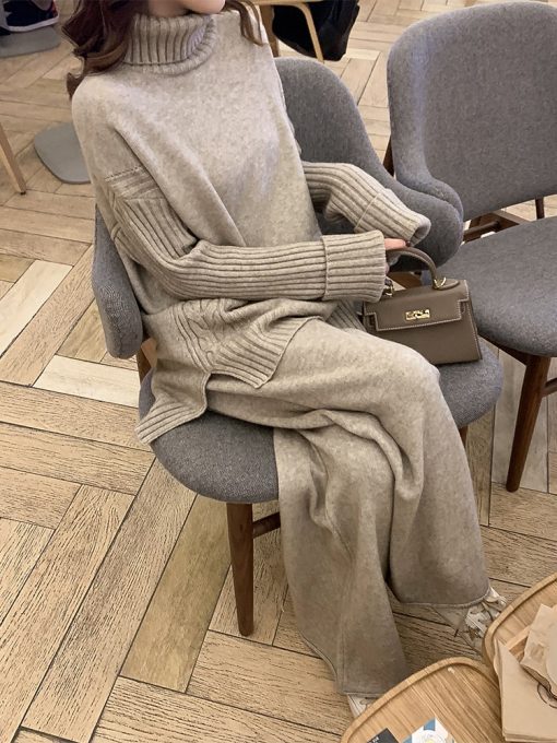 Korean Style Turtleneck TracksuitBottomsvariantimage3JXMYY-Sweater-Set-Women-Tracksuit-Spring-Autumn-Knitted-Suits-2-Piece-Set-Warm-Turtleneck-Sweater-Pullovers