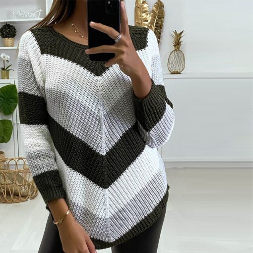 New Fashion Chic Striped Knitted SweaterTopsvariantimage3New-Fashion-Chic-Striped-Long-Sleeve-Tops-Pullovers-Women-Elegant-Round-Neck-Long-Sleeve-Sweaters-Winter
