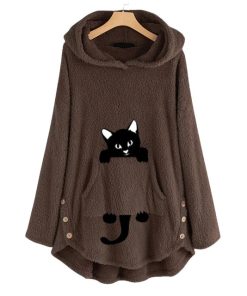 Plush Pullover Casual Warm CoatTopsFashion-Winter-Women-Cat-Embroid