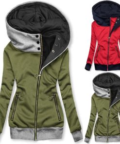 New Arrival Hooded Sweatshirt-JacketTopsmainimage0Fashion-Women-Jacket-Casual-Warm-Overcoat-Printed-Hooded-Turtleneck-Zipper-Pocket-Sweatshirt-Jacket-No-Holes-In