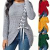 Lace Up Sexy Side Slit Knitted SweaterTopsmainimage0Sewater-Women-Autumn-Casual-Lace-Up-Sexy-Side-Slit-Solid-Clolor-Plus-Size-Loose-Pullover-Slim